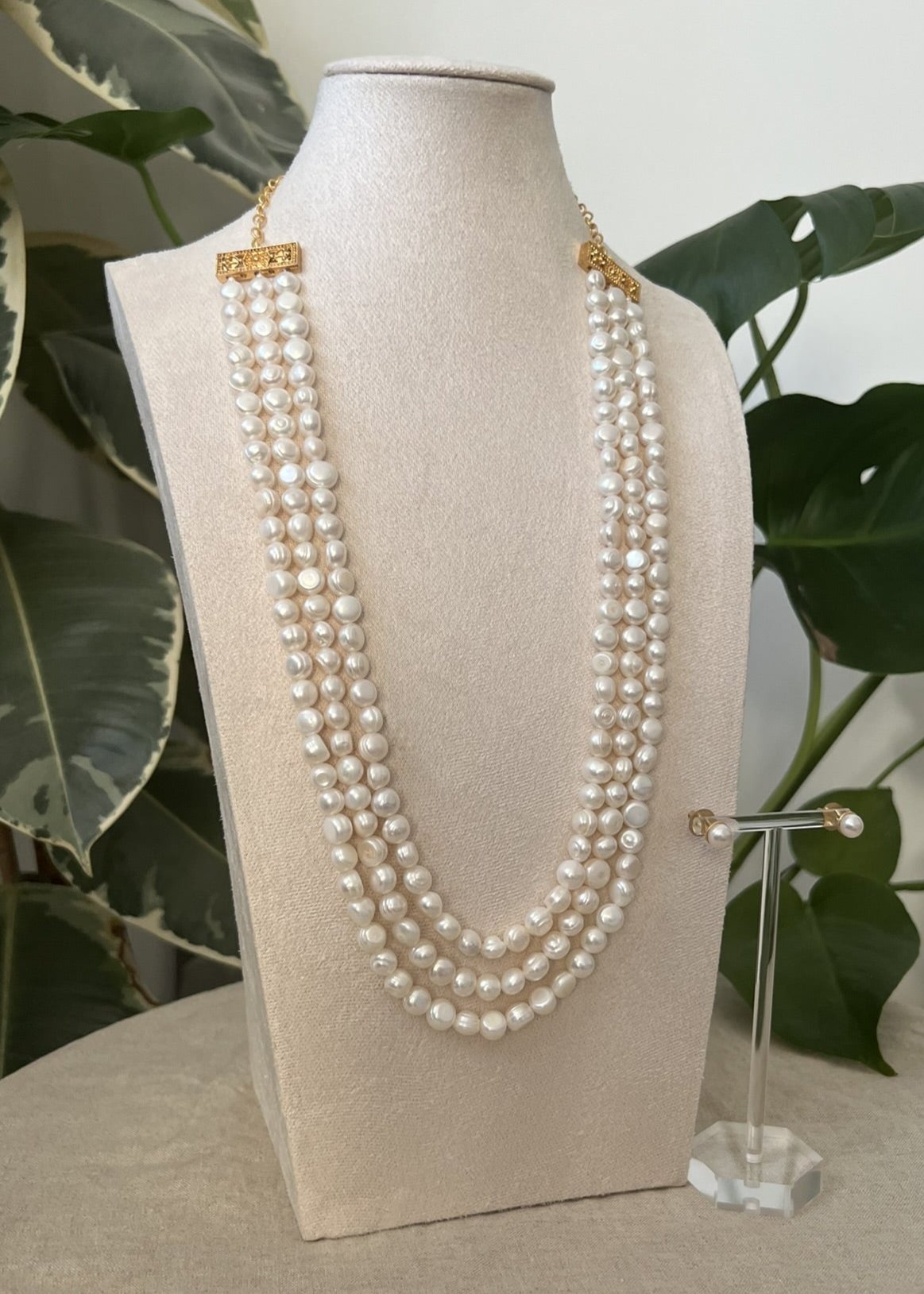 Stunning Three Strand Real Freshwater Pearls Long Mala Necklace & Earrings - Item 10