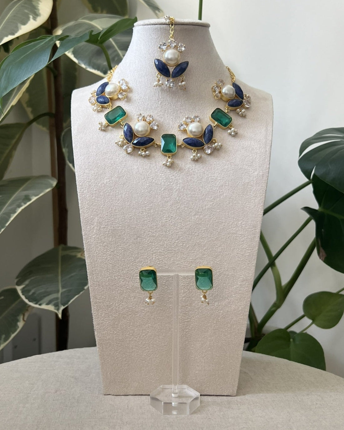 Emerald Green and Sapphire Blue Stones with Freshwater Pearls & Swarovski - Item 22