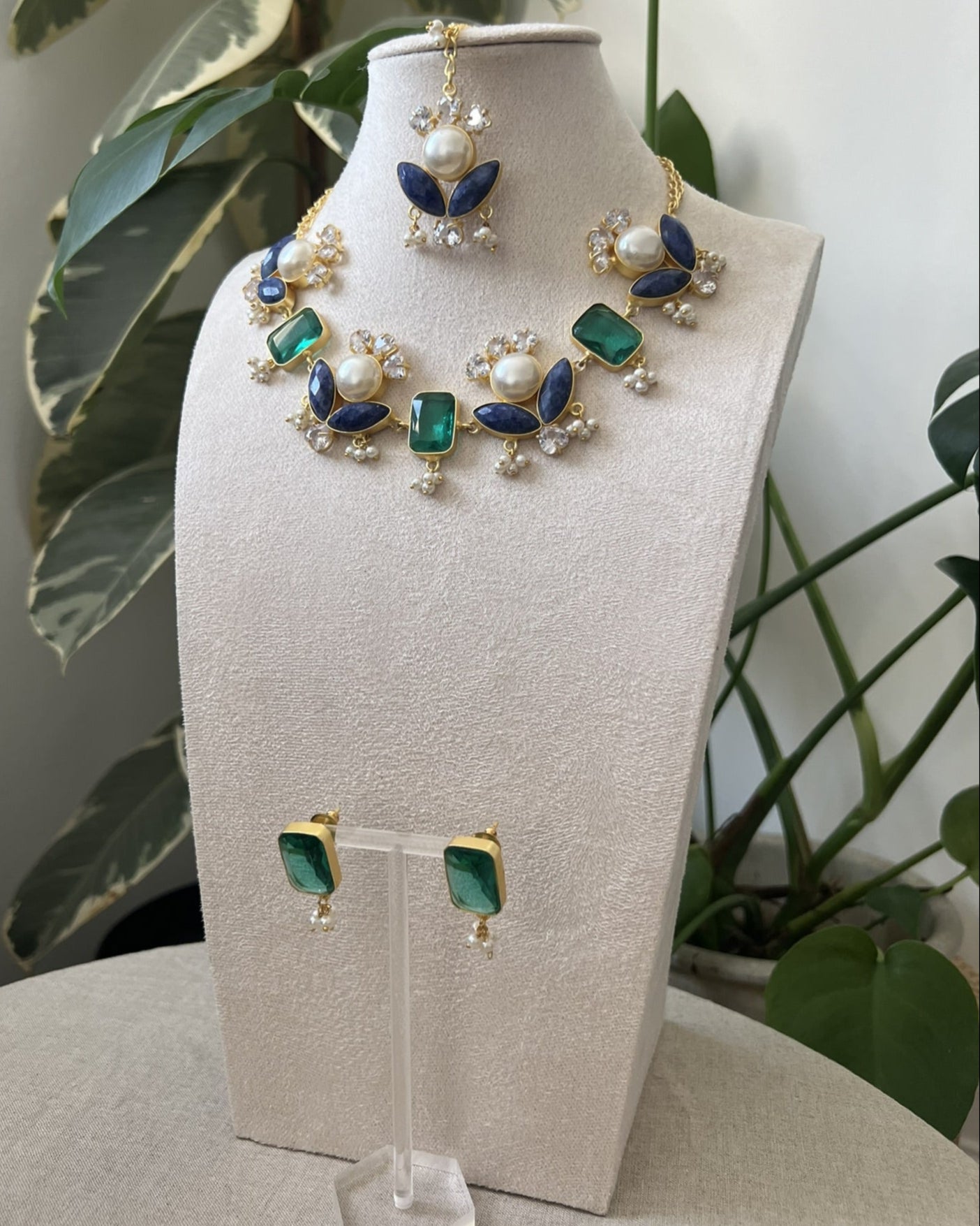 Emerald Green and Sapphire Blue Stones with Freshwater Pearls & Swarovski - Item 22