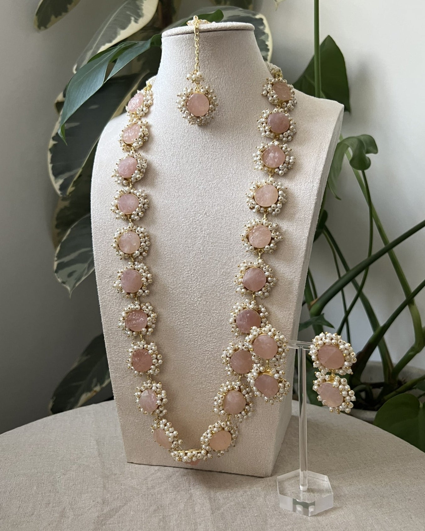 Blush Pink Sugar Druzy Stone Surrounded by Mini Pearl Clusters Statement Mala Necklace Set - Item 35
