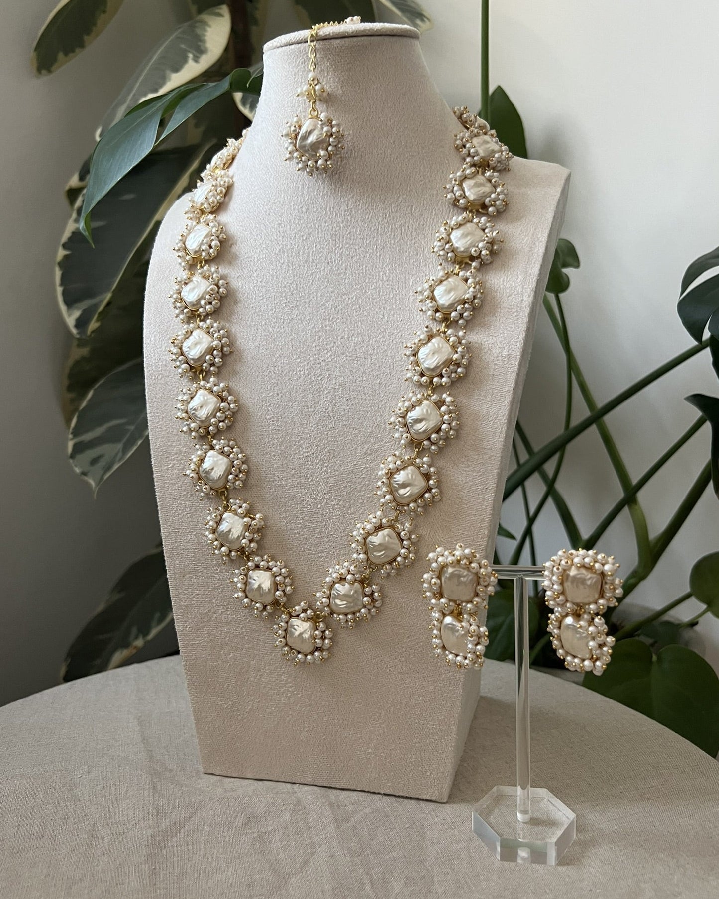 Elegant Baroque Pearl & Beaded Statement Mala Necklace Set - Item 36