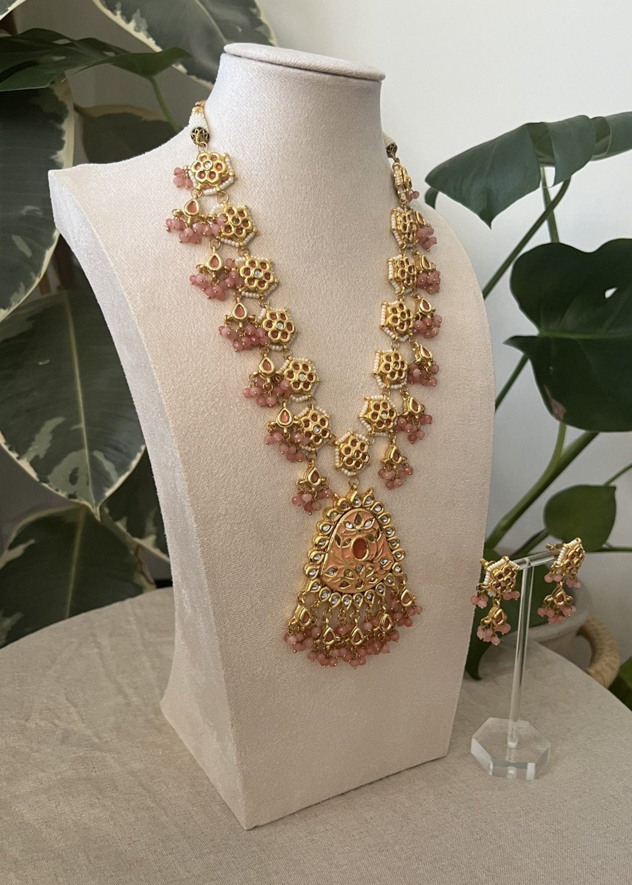 Gorgeous Meenakari Mala Necklace & Earrings with undertones of Salmon, Peach & Pink - Item 8