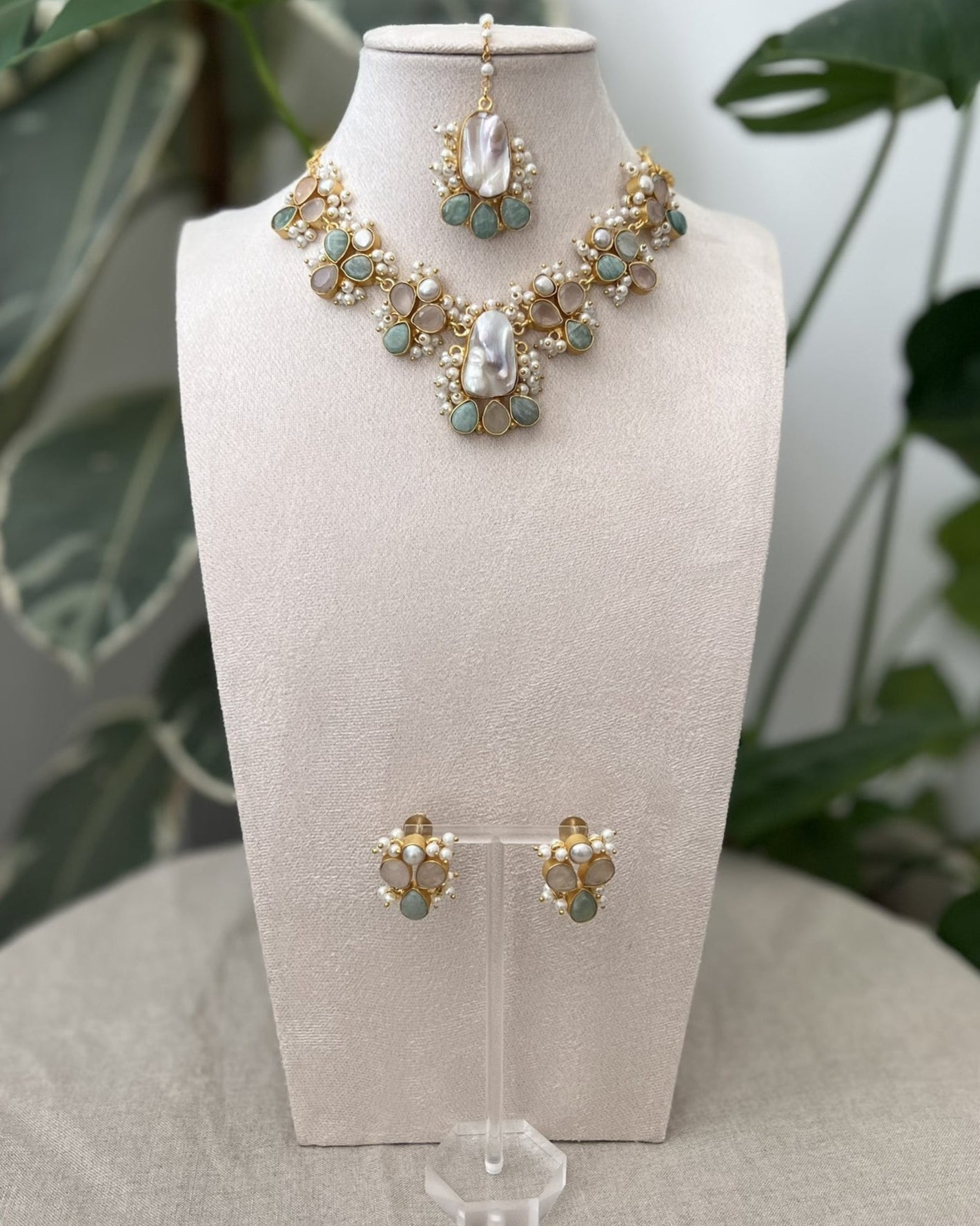 Natural Amazonite & Pink Quartz Stones, Lustrous Freshwater & Baroque Pearls - Item A2