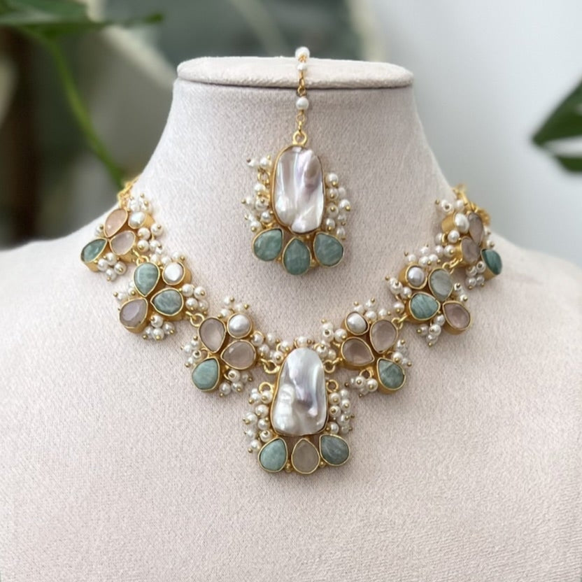 Natural Amazonite & Pink Quartz Stones, Lustrous Freshwater & Baroque Pearls - Item A2