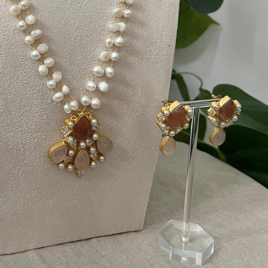 Semi-Precious Moonstones, Rose Quartz and Real Freshwater Pearls- Item D