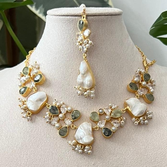 Natural Prehnite Stones, Sparkling Swarovski, and Lustrous Pearls - Item H