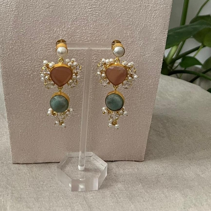 Amazonite and Dark Peach Morganite Stones with Swarovski and Pearls - Item J