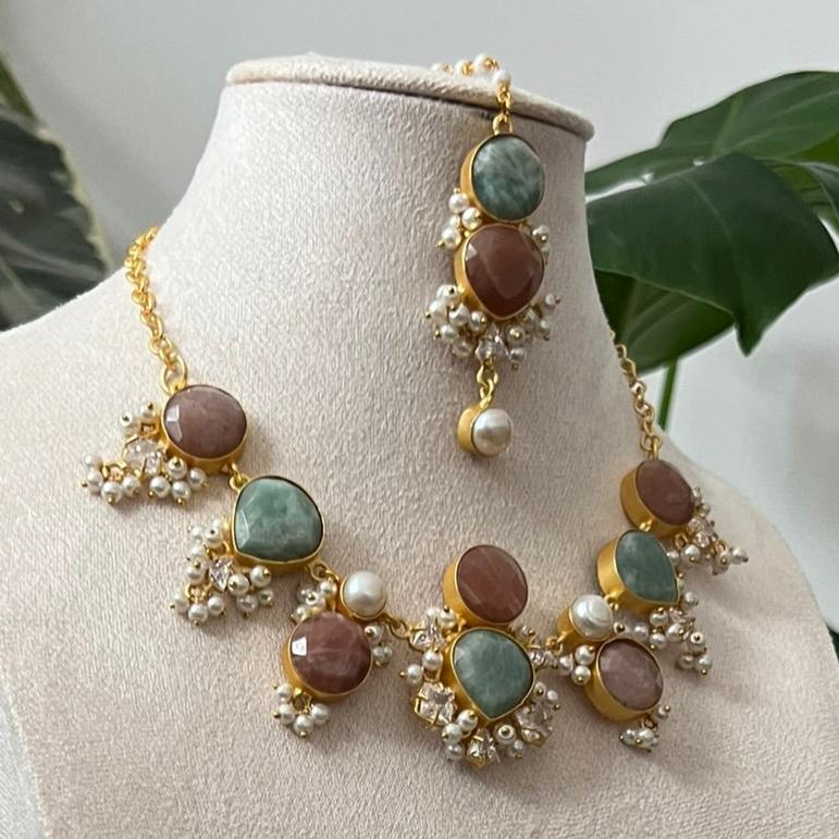 Amazonite and Dark Peach Morganite Stones with Swarovski and Pearls - Item J