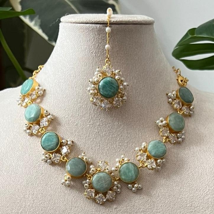 Sea Blue Amazonite Stone surrounded by Sparkling Swarovski and Pearls - Item L