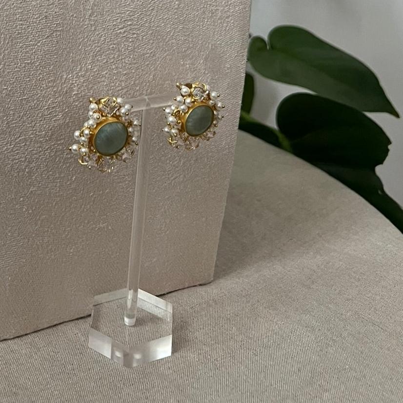 Sea Blue Amazonite Stone surrounded by Sparkling Swarovski and Pearls - Item L