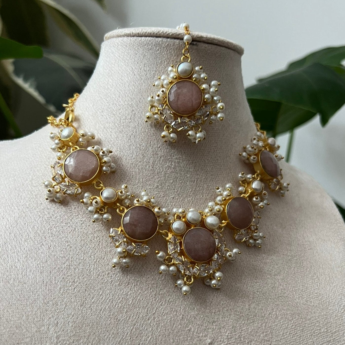 Natural Semi-Precious Peach Moonstone with Pearls and Swarovski - Item N