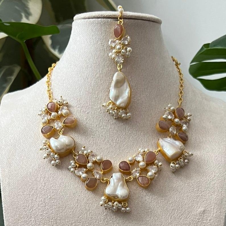 Natural Precious Peach Moonstone with Baroque Pearls and Swarovski - Item O
