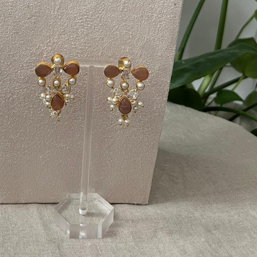 Natural Precious Peach Moonstone with Baroque Pearls and Swarovski - Item O
