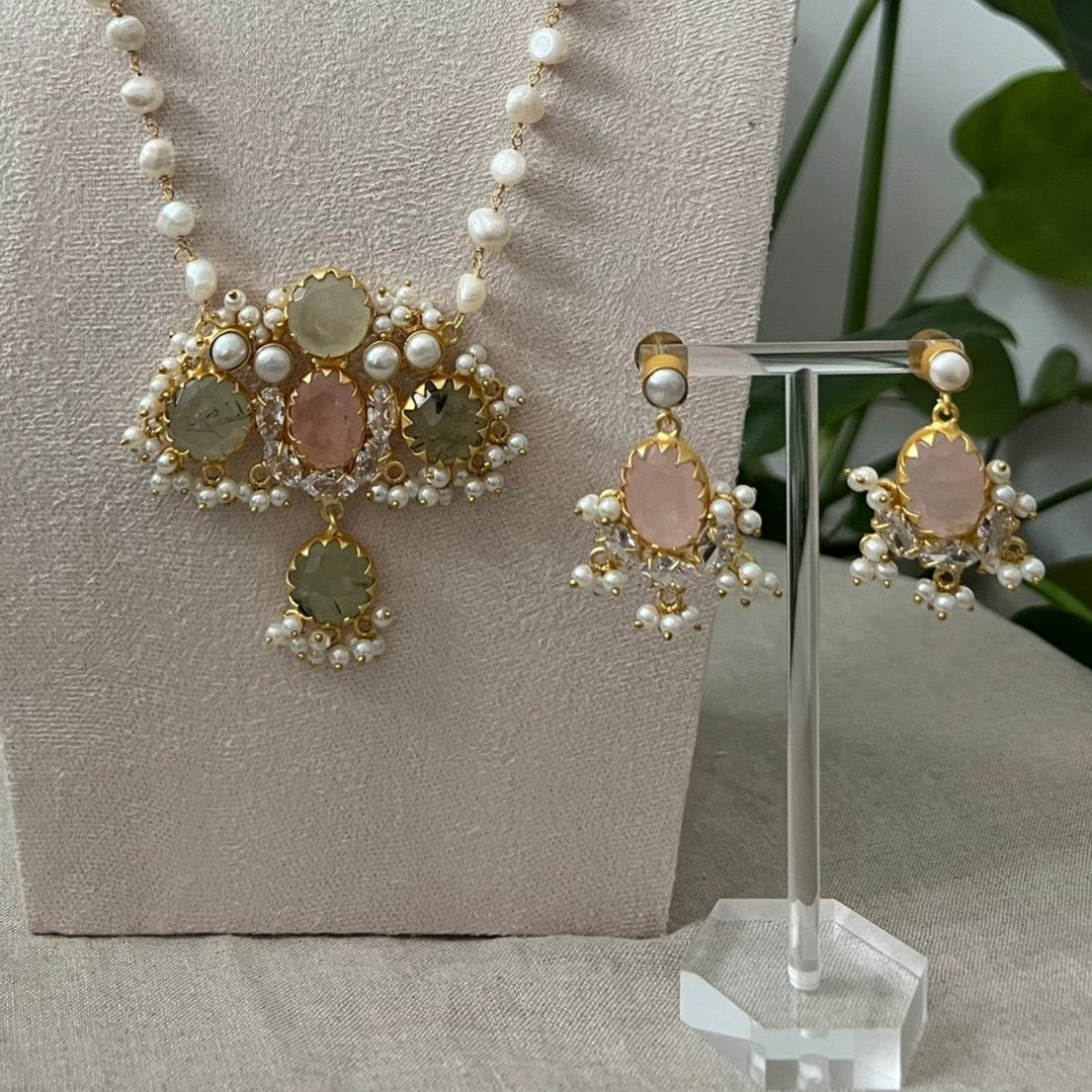 Green Prehnite Stone & Rose Quartz Mala Set & Lace of Freshwater Pearls - Item R