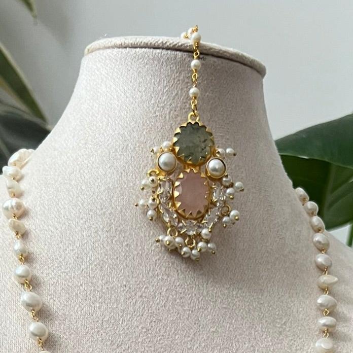 Green Prehnite Stone & Rose Quartz Mala Set & Lace of Freshwater Pearls - Item R