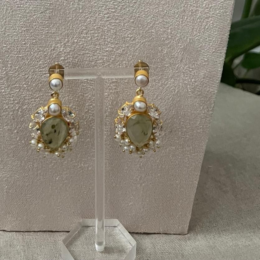 Natural Prehnite Stone, with Swarovski and Lustrous Pearls - Item V