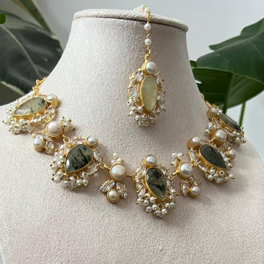Natural Prehnite Stone, with Swarovski and Lustrous Pearls - Item V