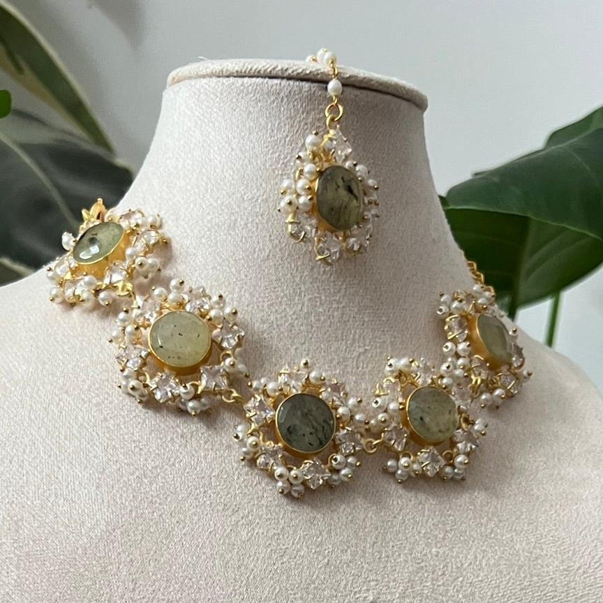 Olive Green Prehnite Stone with Delicate Halo of Pearls and Swarovski - Item X