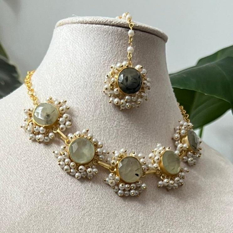 Natural Prehnite Stone surrounded by Clusters of Mini Freshwater Pearls - Item Y