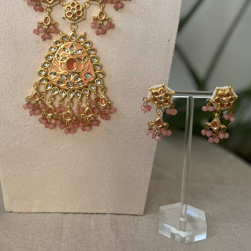 Gorgeous Meenakari Mala Necklace & Earrings with undertones of Salmon, Peach & Pink - Item 8