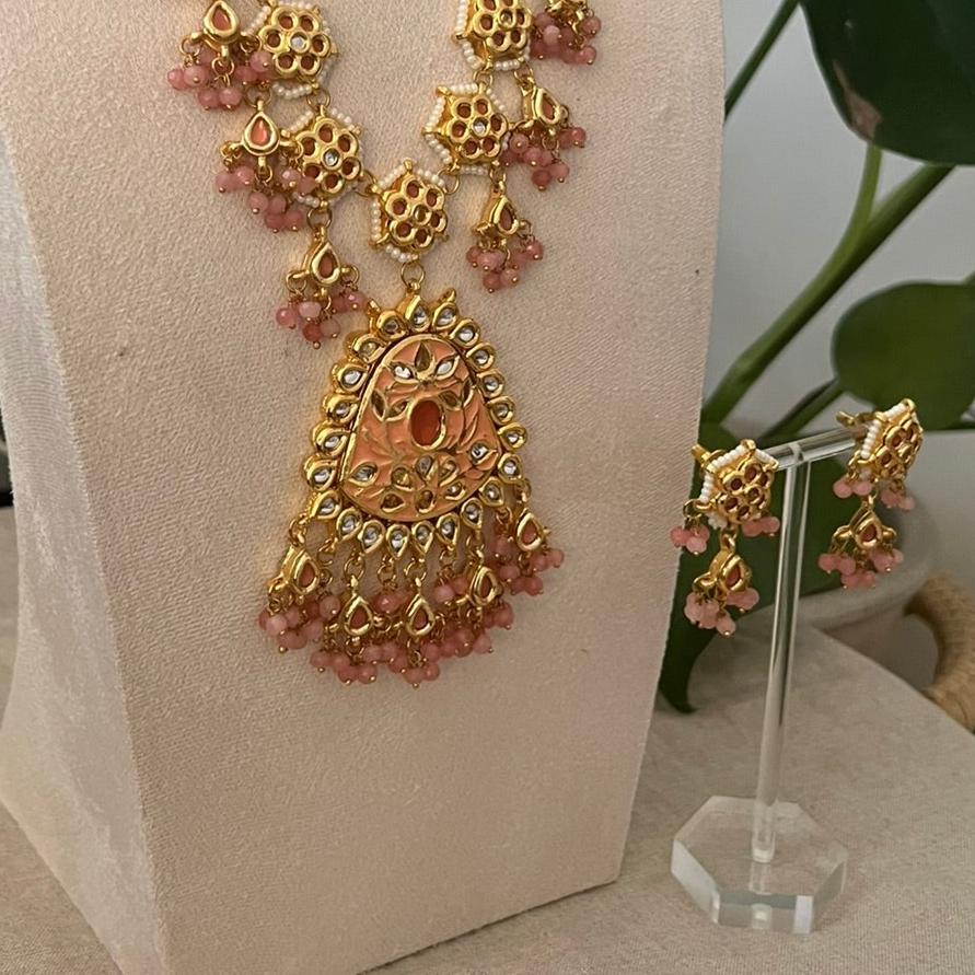 Gorgeous Meenakari Mala Necklace & Earrings with undertones of Salmon, Peach & Pink - Item 8