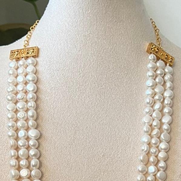 Stunning Three Strand Real Freshwater Pearls Long Mala Necklace & Earrings - Item 10