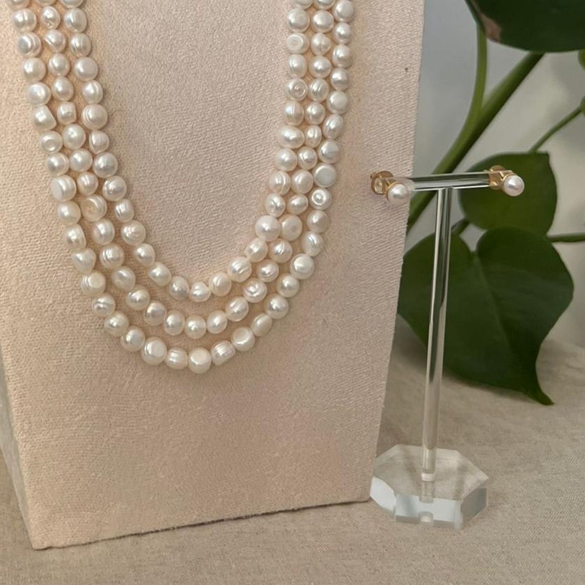 Stunning Three Strand Real Freshwater Pearls Long Mala Necklace & Earrings - Item 10
