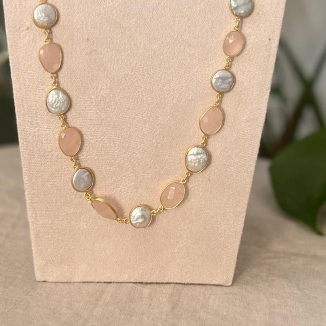 Rose Quartz and Mother of Pearl Long Chain Necklace - Item 4