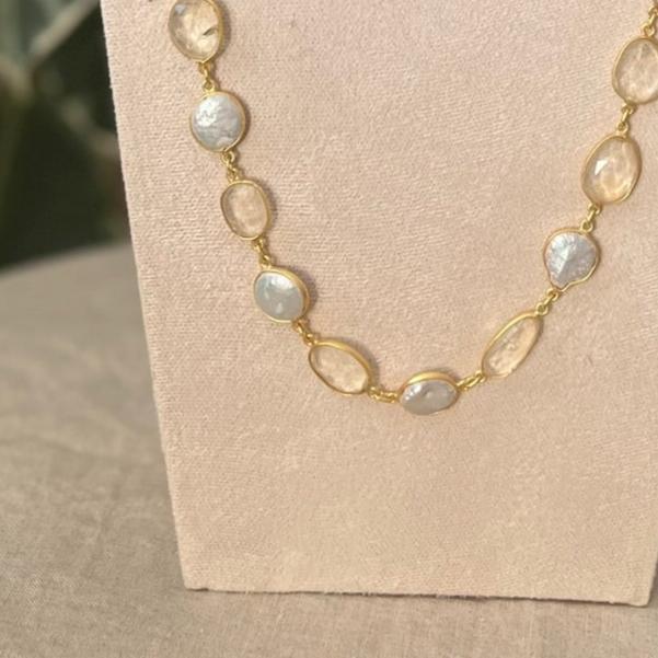 Citrine Stone and Mother of Pearl Long Chain Necklace - Item 3