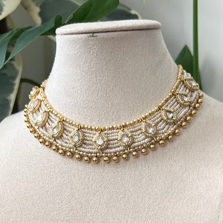 Gold-Toned Kundan and Pearl Choker with Jhumka Earrings - Item 13