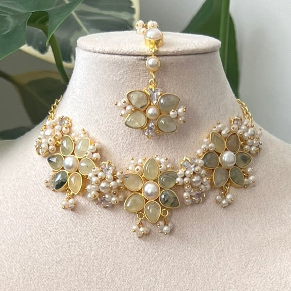 Floral Prehnite Stones with Freshwater Pearls and Swarovski Accents - Item 15