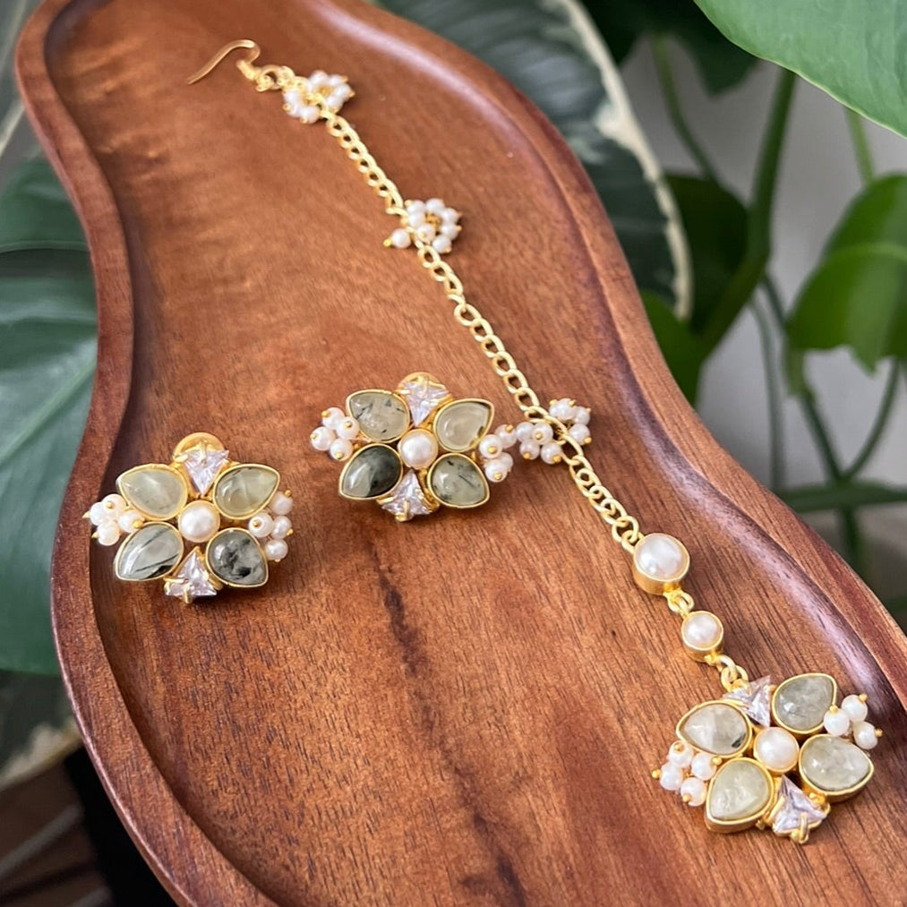 Floral Prehnite Stones with Freshwater Pearls and Swarovski Accents - Item 15