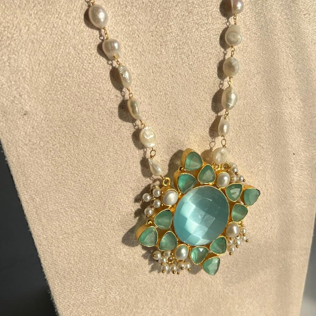 Floral Aqua Stone with Freshwater Pearls Mala Necklace Set - Item 18