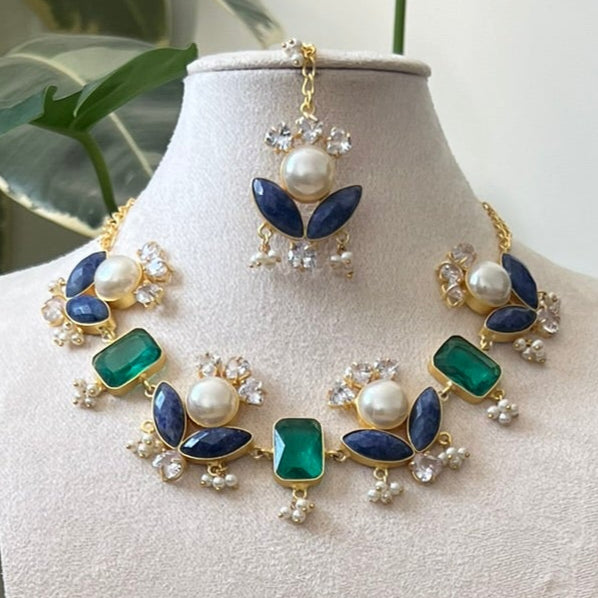 Emerald Green and Sapphire Blue Stones with Freshwater Pearls & Swarovski - Item 22
