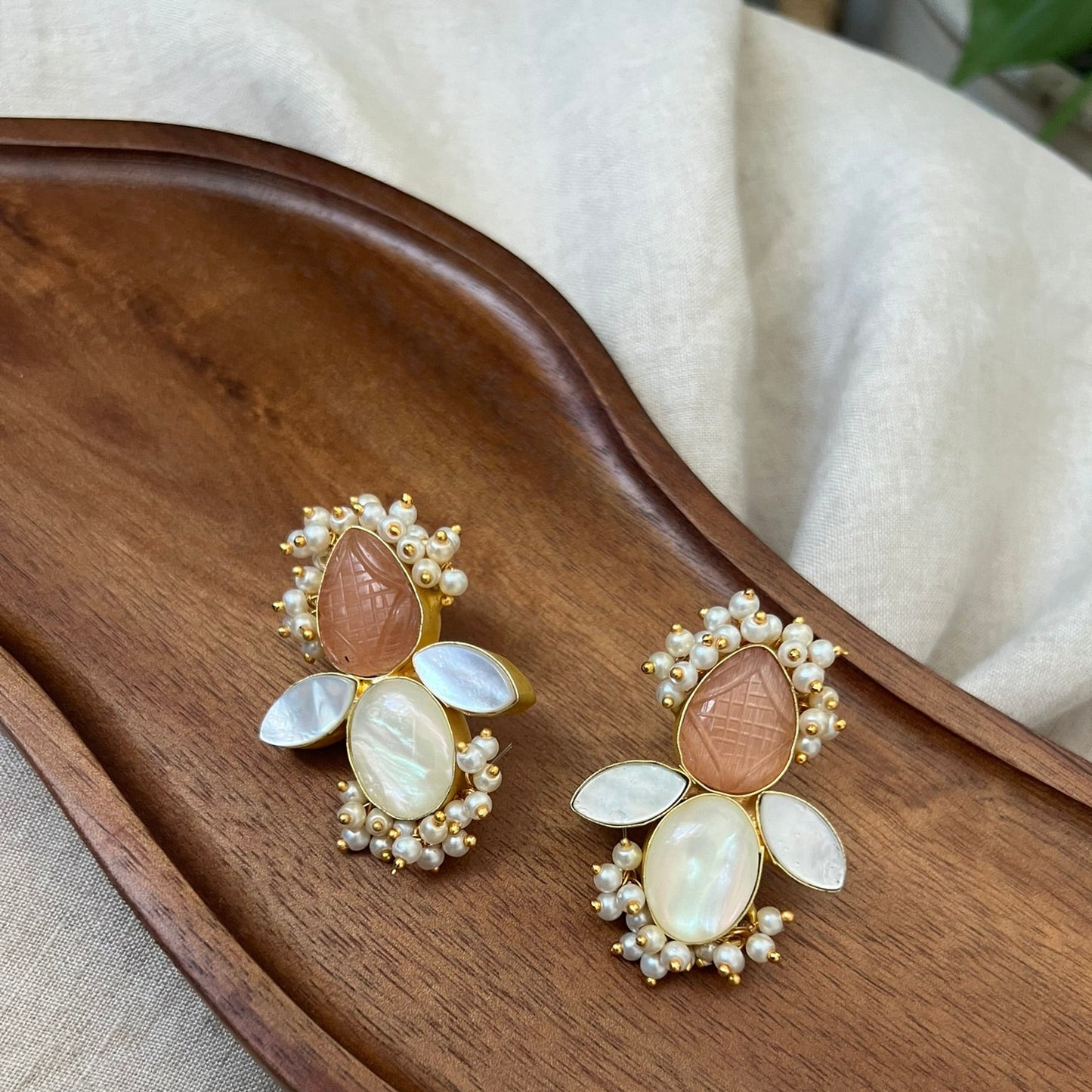Blush Carved Quartz & Mother of Pearl Earrings - Item 26