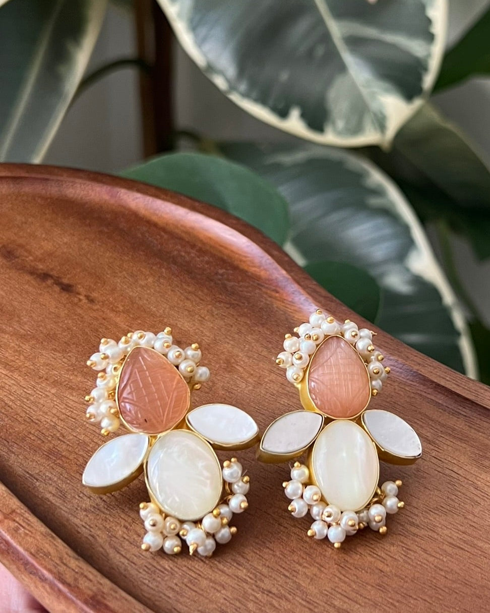 Blush Carved Quartz & Mother of Pearl Earrings - Item 26