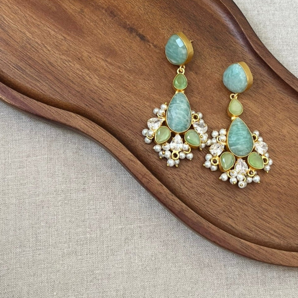 Aqua & Green Amazonite Stone Pearl Drop Earrings - Item 27