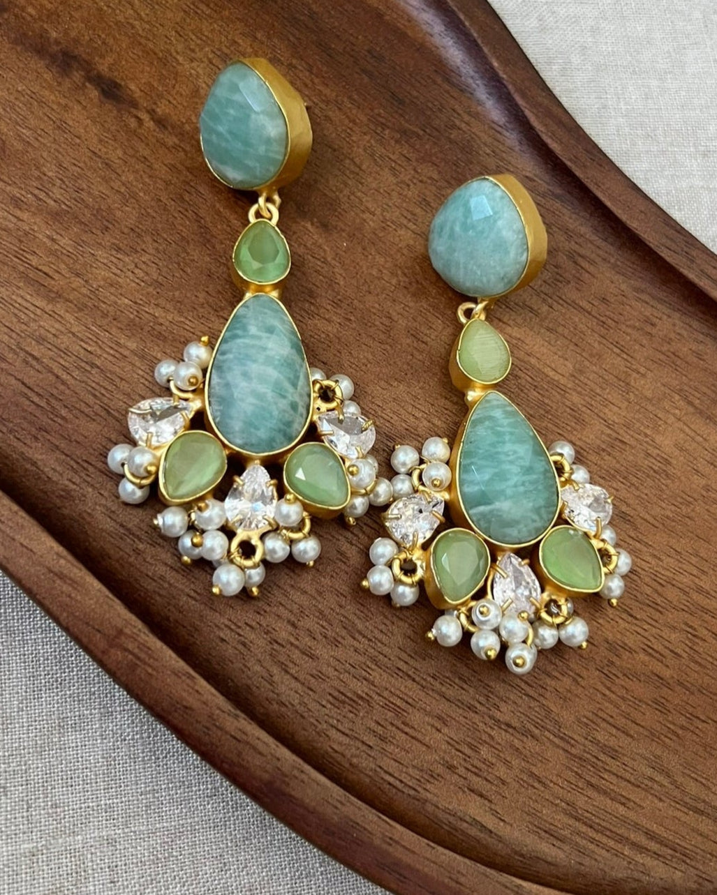 Aqua & Green Amazonite Stone Pearl Drop Earrings - Item 27