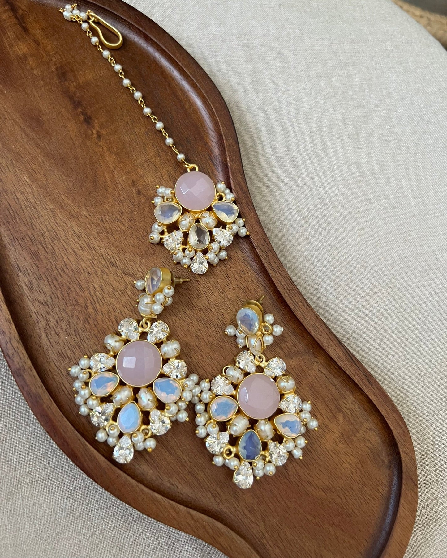 Rose Quartz & Opal Statement Earrings with Swarovski & Pearls Tikka Set - Item 28