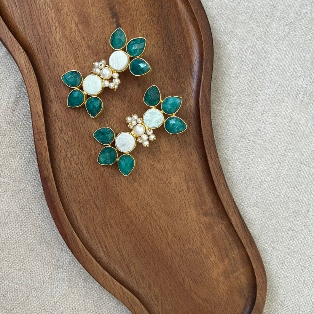 Emerald Green & Pearl Floral Earrings with Mini Pearl Clusters - Item 29