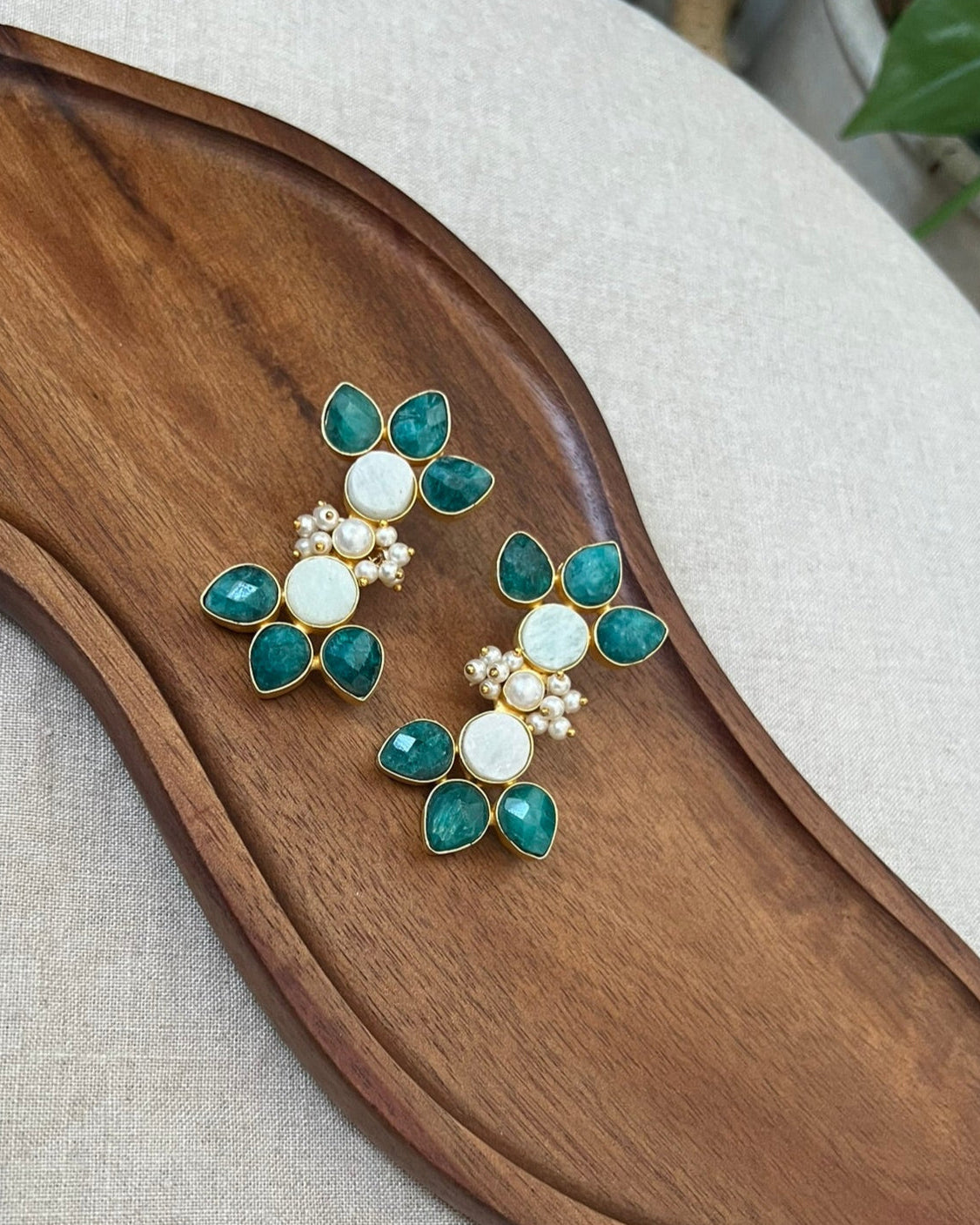 Emerald Green & Pearl Floral Earrings with Mini Pearl Clusters - Item 29