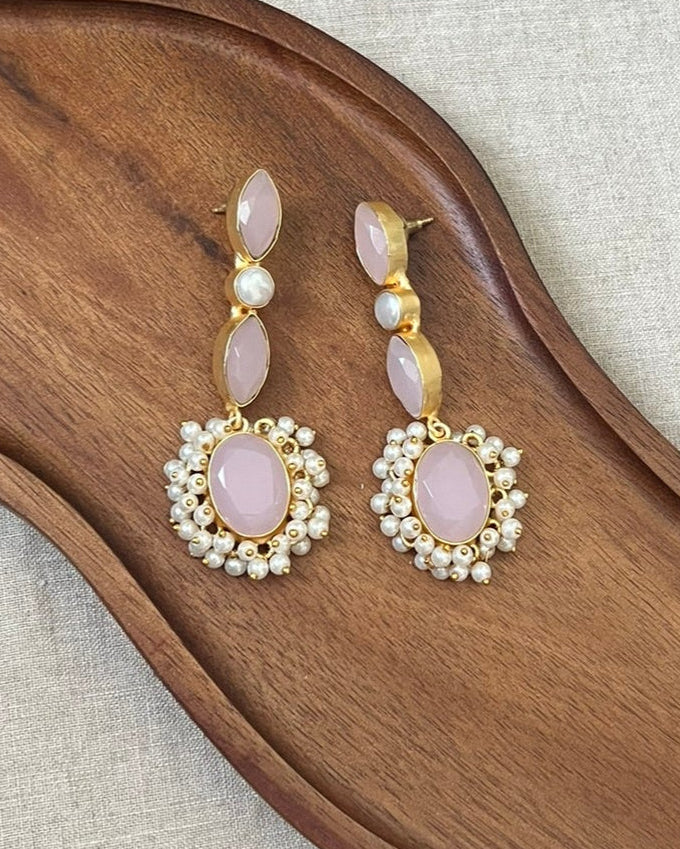 Blush Pink Rose Quartz Pearl Drop Earrings - Item 30