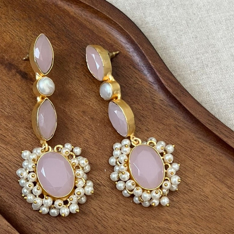 Blush Pink Rose Quartz Pearl Drop Earrings - Item 30