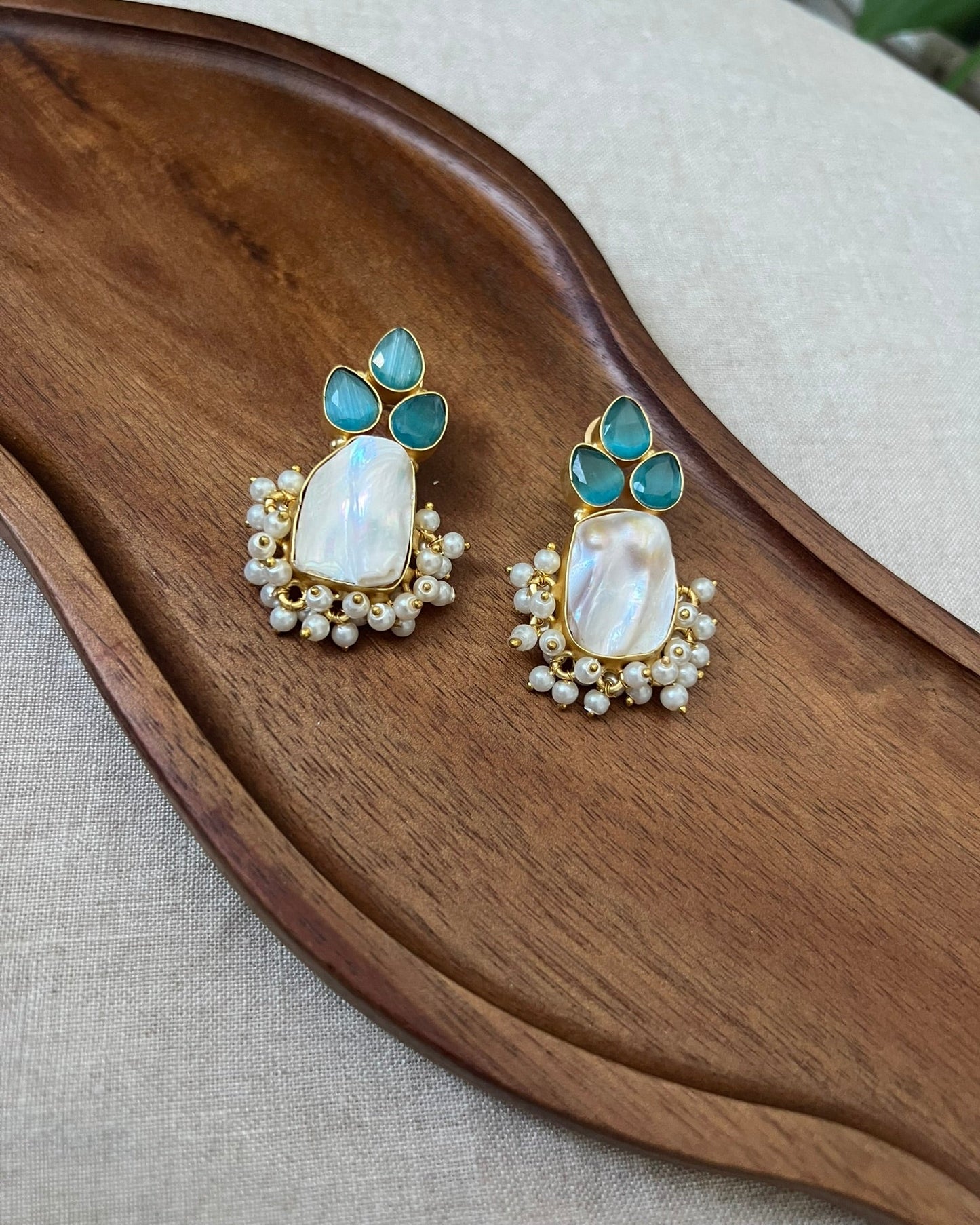 Baroque Pearl & Mini Pearl Clusters Aqua Stud Earrings - Item 33