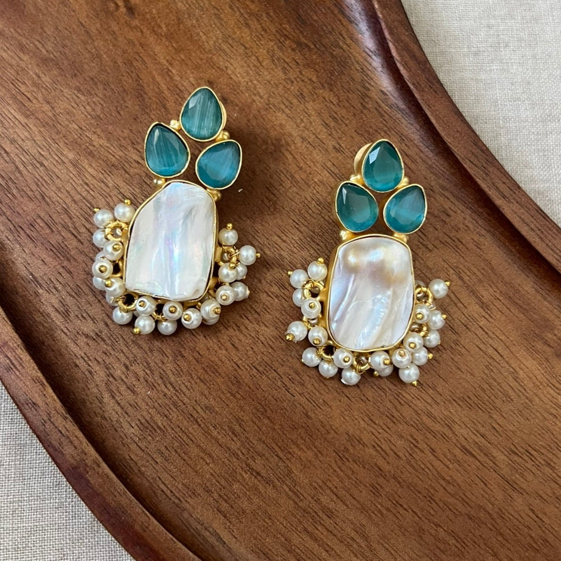 Baroque Pearl & Mini Pearl Clusters Aqua Stud Earrings - Item 33