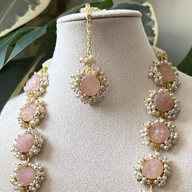 Blush Pink Sugar Druzy Stone Surrounded by Mini Pearl Clusters Statement Mala Necklace Set - Item 35