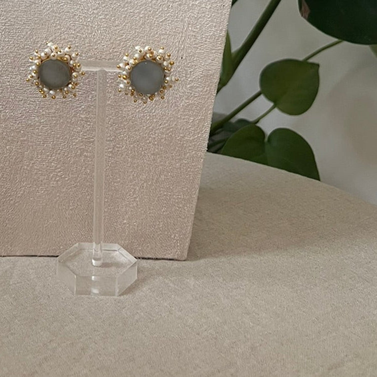 Natural Grey Stones Encircled with Mini Freshwater Pearl Clusters - Item M2