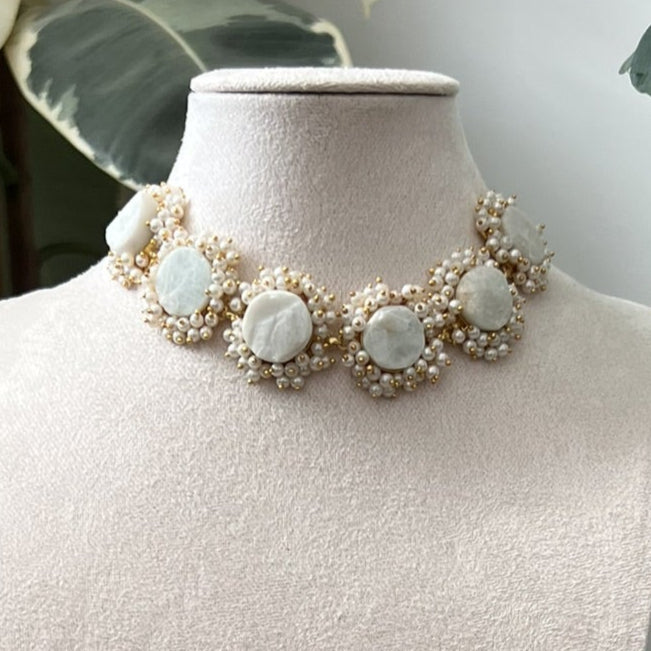 Natural Mint Stones Encircled with Mini Pearl Clusters