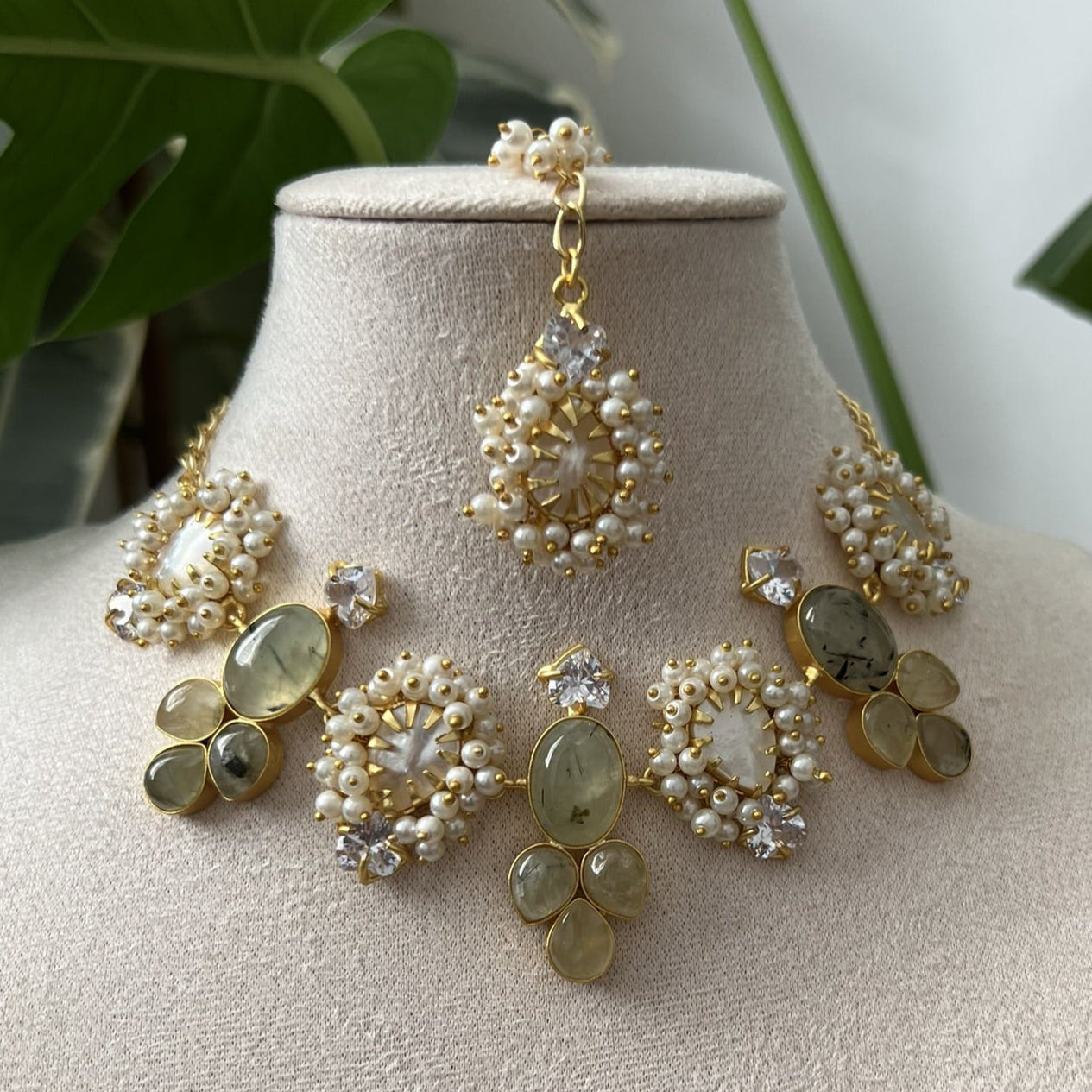 Natural Green Prehnite Stones, Lustrous Pearls & Sparkling Swarovski