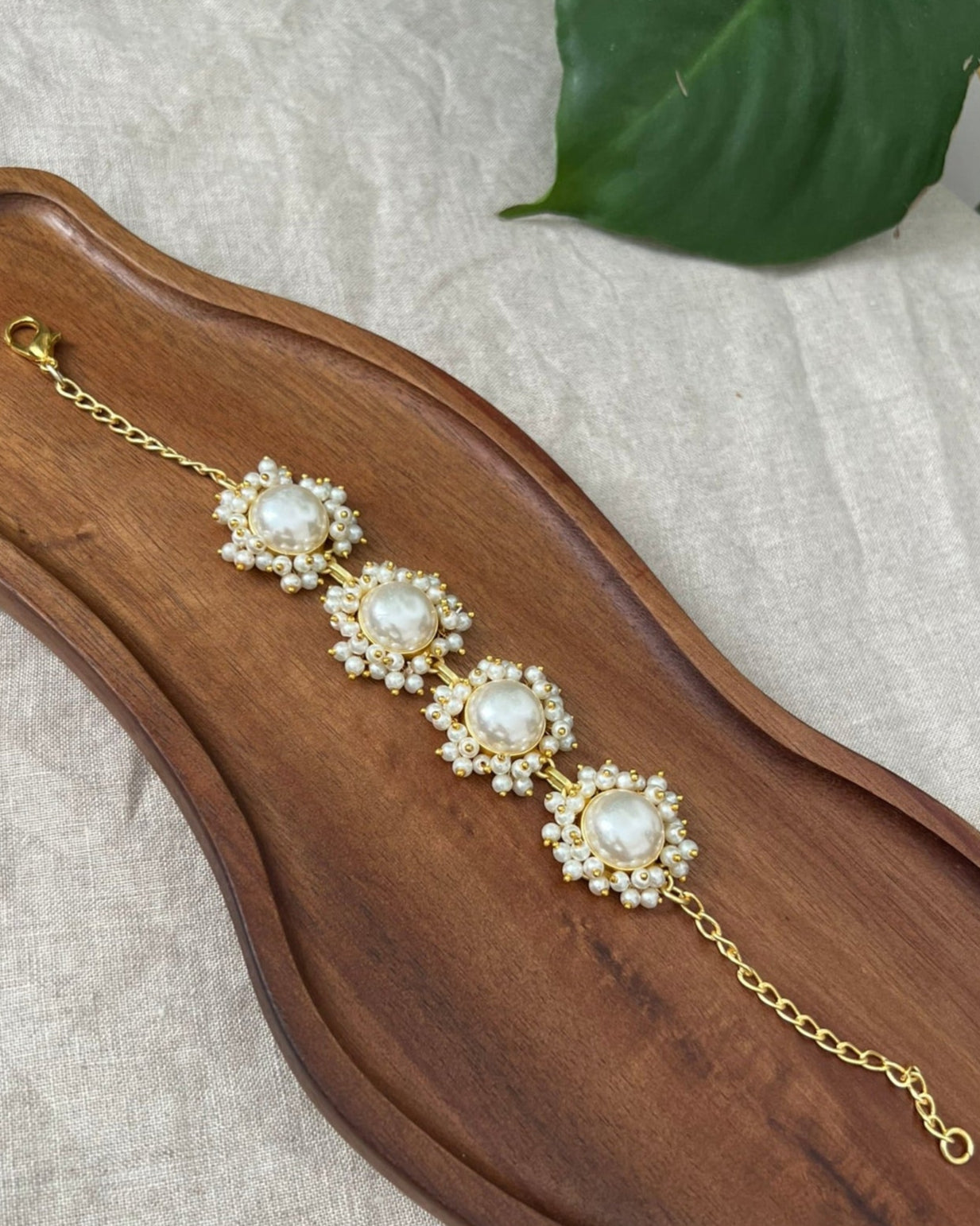 Mother of Pearl Gold Chain Bracelet Encircled by Mini Pearl Clusters